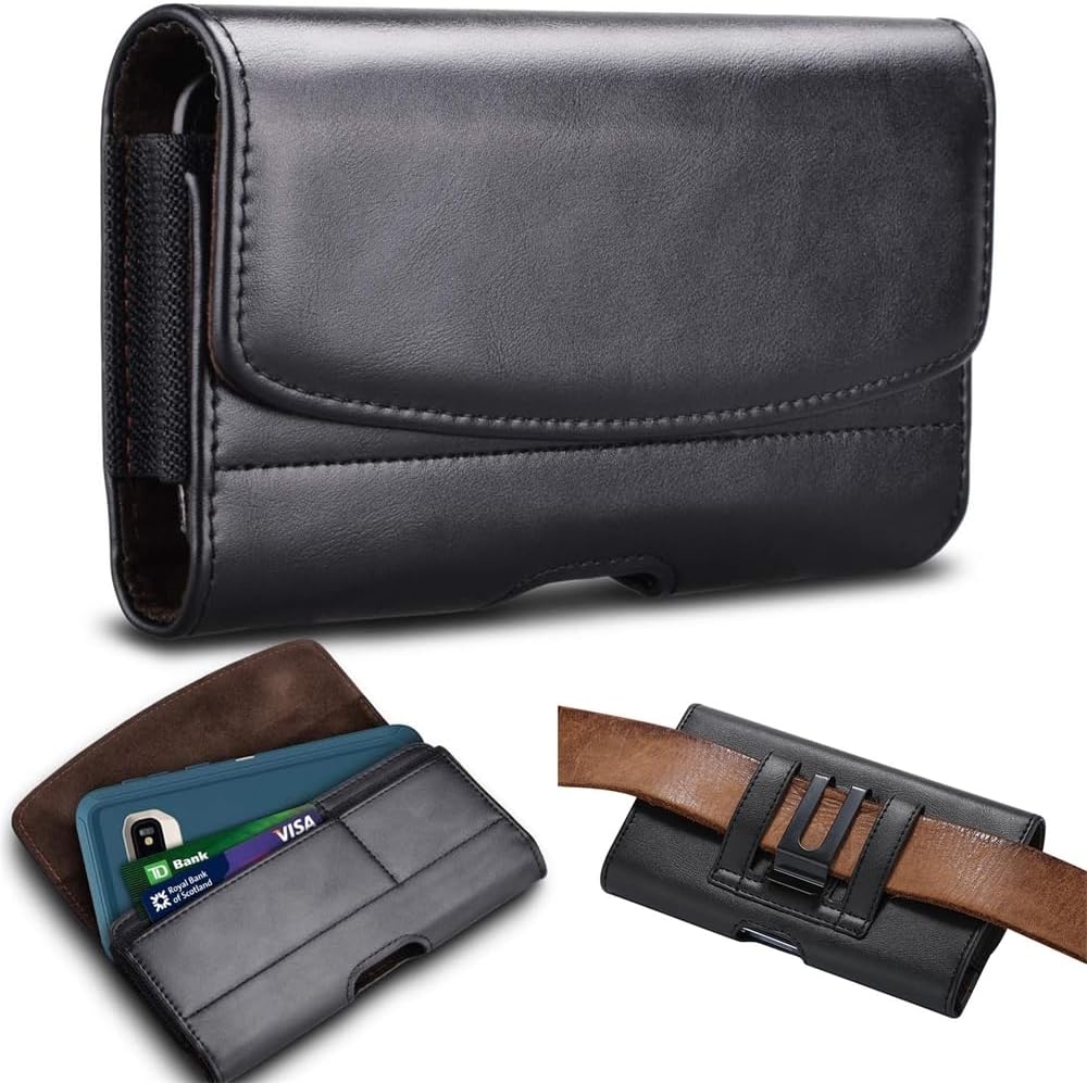 Belt Holster for iPhone 14, 13, 12, 11, XR - Case With Clip, Leather Phone Holder Pouch Cover, Magnetic Closure, ID Card Holder