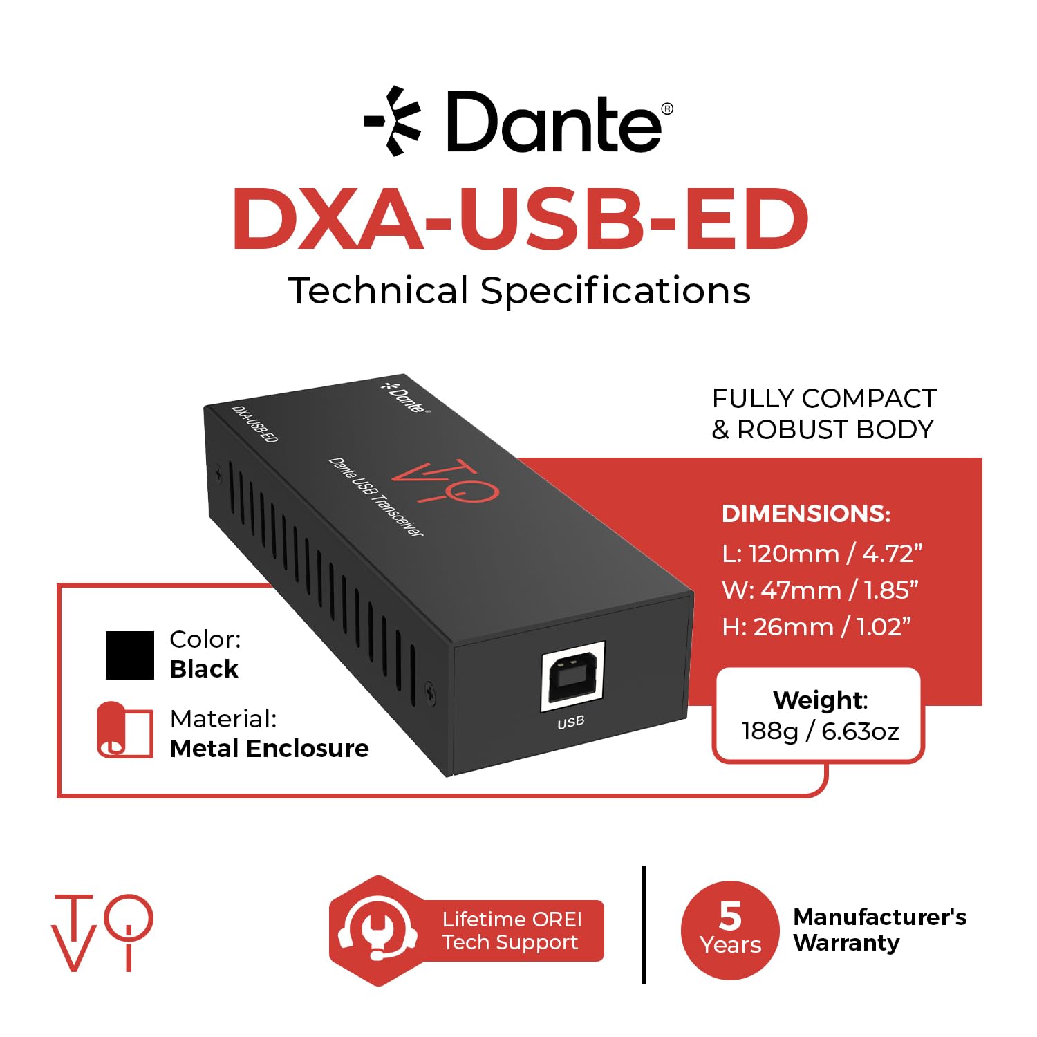 ToVi Dante Adaptador de audio USB a red - Convertidor de audio de 2 canales para red Dante - Compatible con AES67 Audio sobre IP - 24 bits 44.1/48/96kHz (DXA-USB-ED)