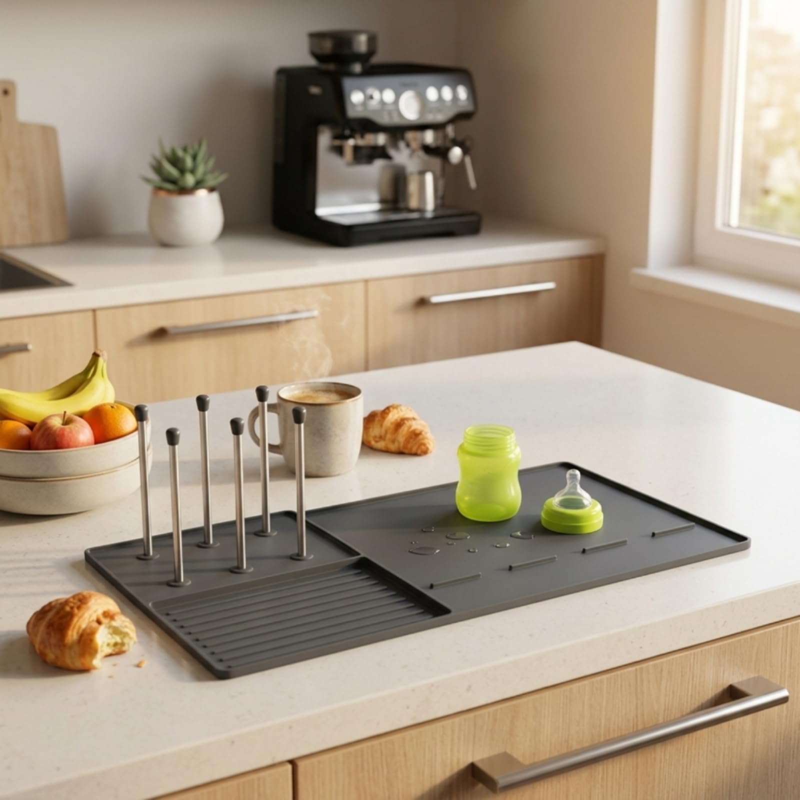 Baoblaze Tappetino Frigo in Silicone Vassoio Sottopentola Sottobicchiere con Bordo Alto E Porta Tazze Integrato Trattiene Gocce E Condensa Protezione per Piani, Array, Nero