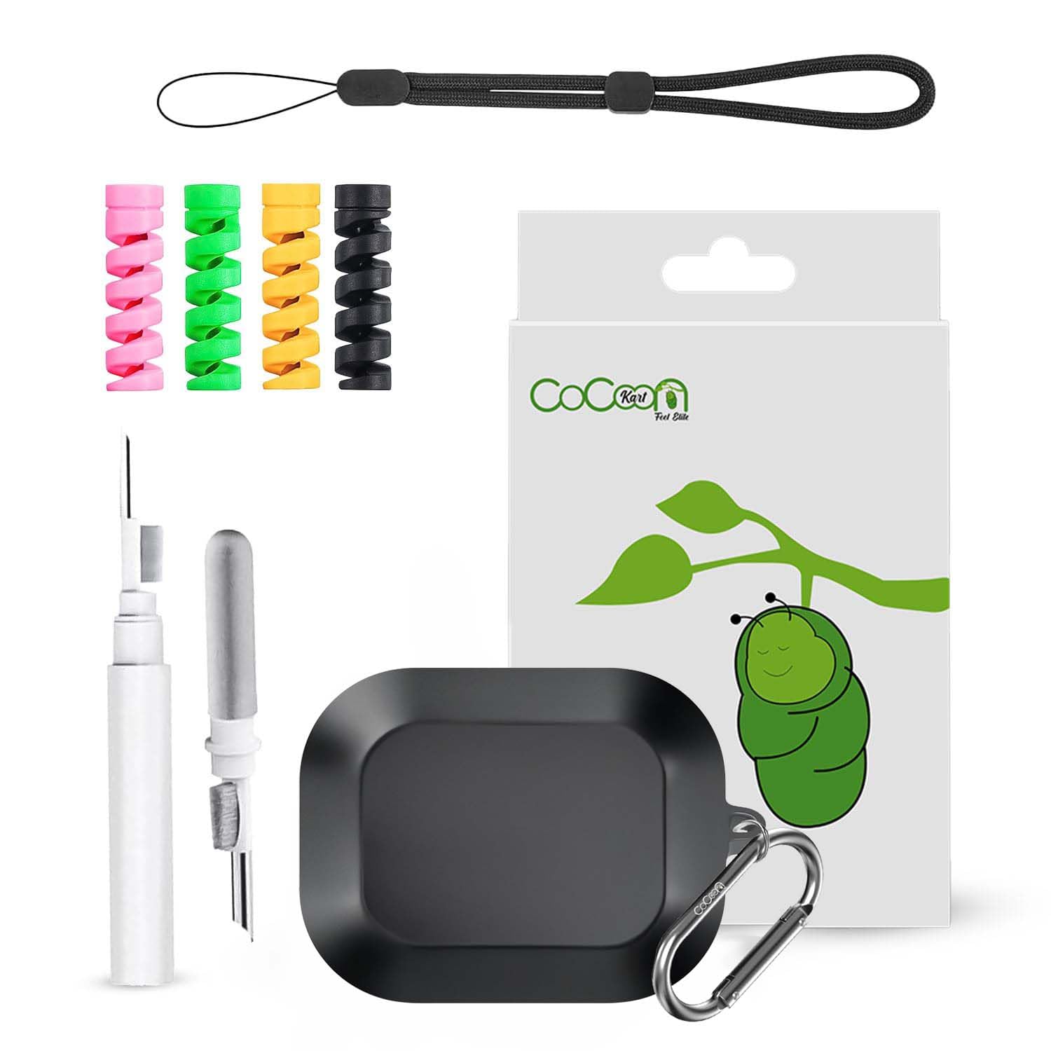 Silicone Case Cover Compatible for Realme Buds Air 8 with Cleaner Kit,Lanyard & 4 Pcs Cable Protectors (Black)-image-39