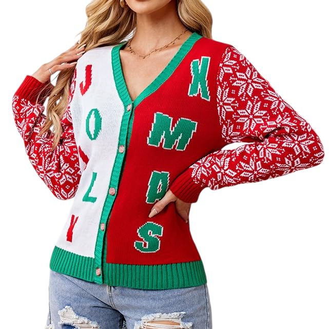 LUBOT Ugly Christmas Sweaters for Women Cute Fuzzy Funny Wintertime Holiday Parties Knitted Casual Cardigan Sweater