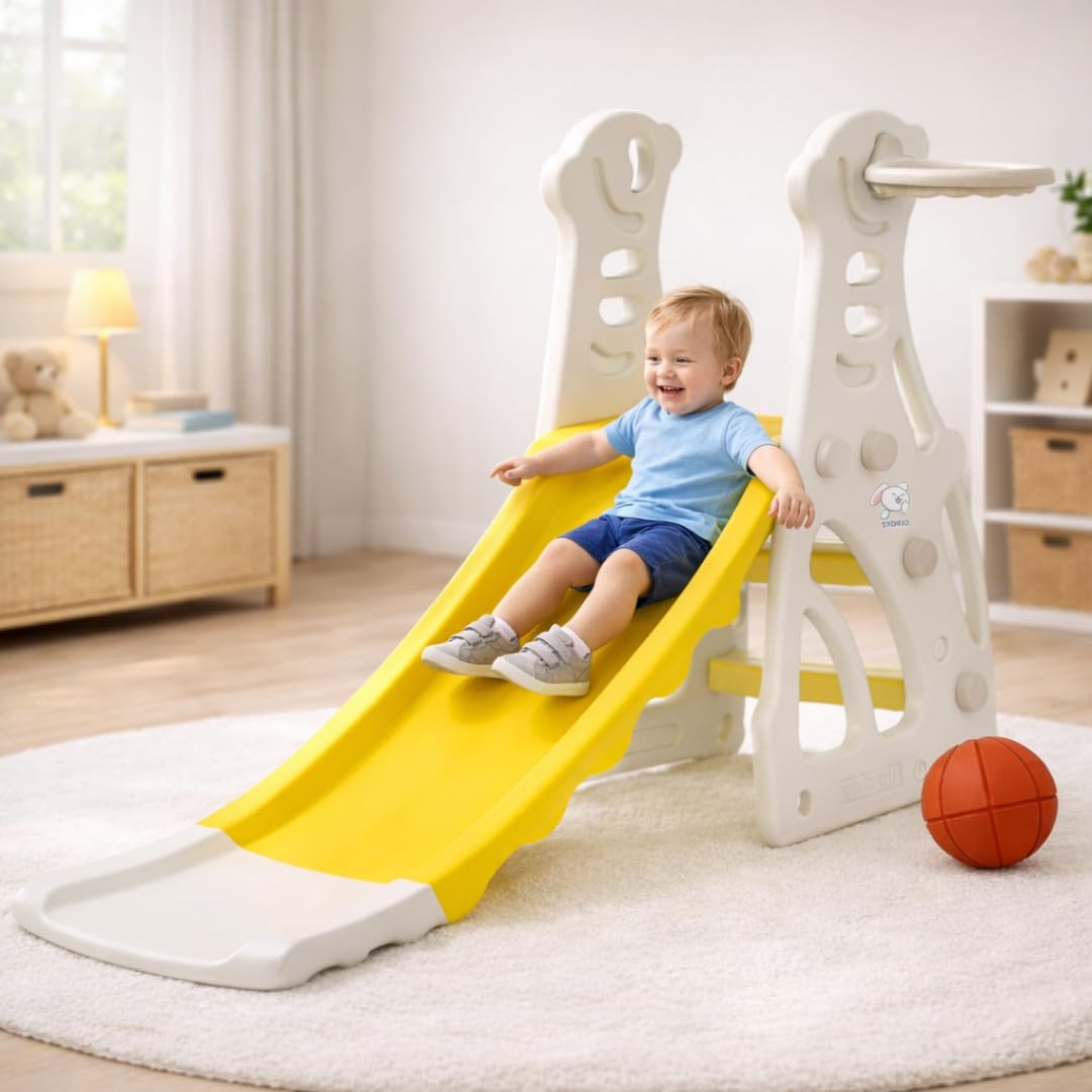 Storio Kids Slide with Basketball Hoop Penguin Theme - Indoor & Outdoor Slide for Kids Ages 2-4 | White & Yellow | Safe, Sturdy & Fun Playset | Easy Assembly Toddler Slide for Boys & Girls-image-9