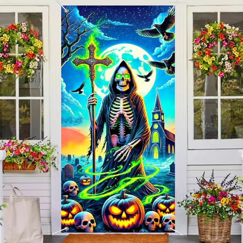 Image of BlissYard Halloween Door Cover Grim Reaper Cross 35x71 Inch Polyester | Door Banner, Wall Decor | Grim Reaper Entry Accent, Skeleton Backdrop | Porch, Hallway, Party (Gothic Art)