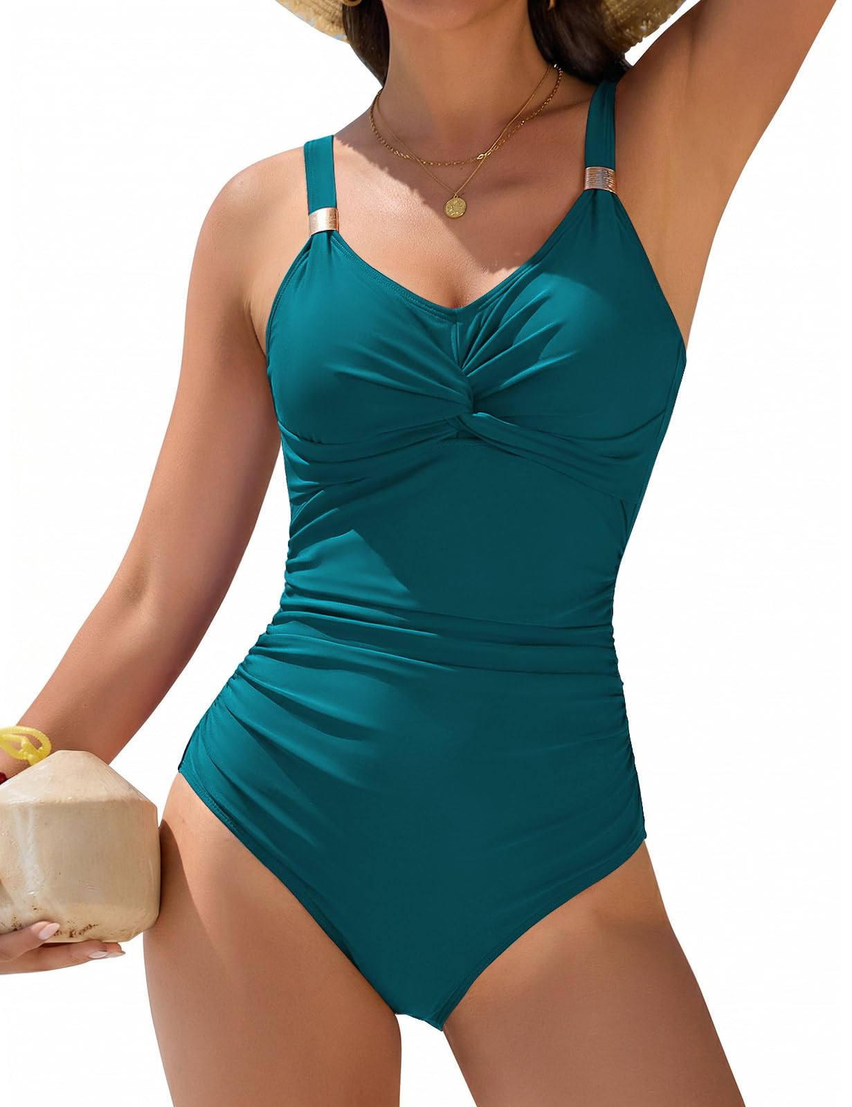 Nadeer Bañador Mujer Reductor Sexy Push up Traje de Baño de Una Pieza Nudo Torcido Cuello en V con Adornos Metálicos Swimsuit para Piscina y Playa