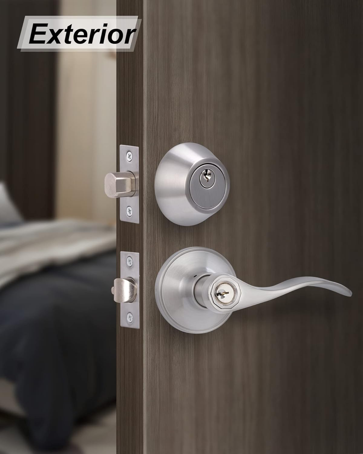 Lanwandeng Keyed Alike Front Door Lever Lockset with Single Cylinder Deadbolt Combination Set, Exterior Door Knob with Lock and Deadbolt, Satin Nickel Finished, 2Sets