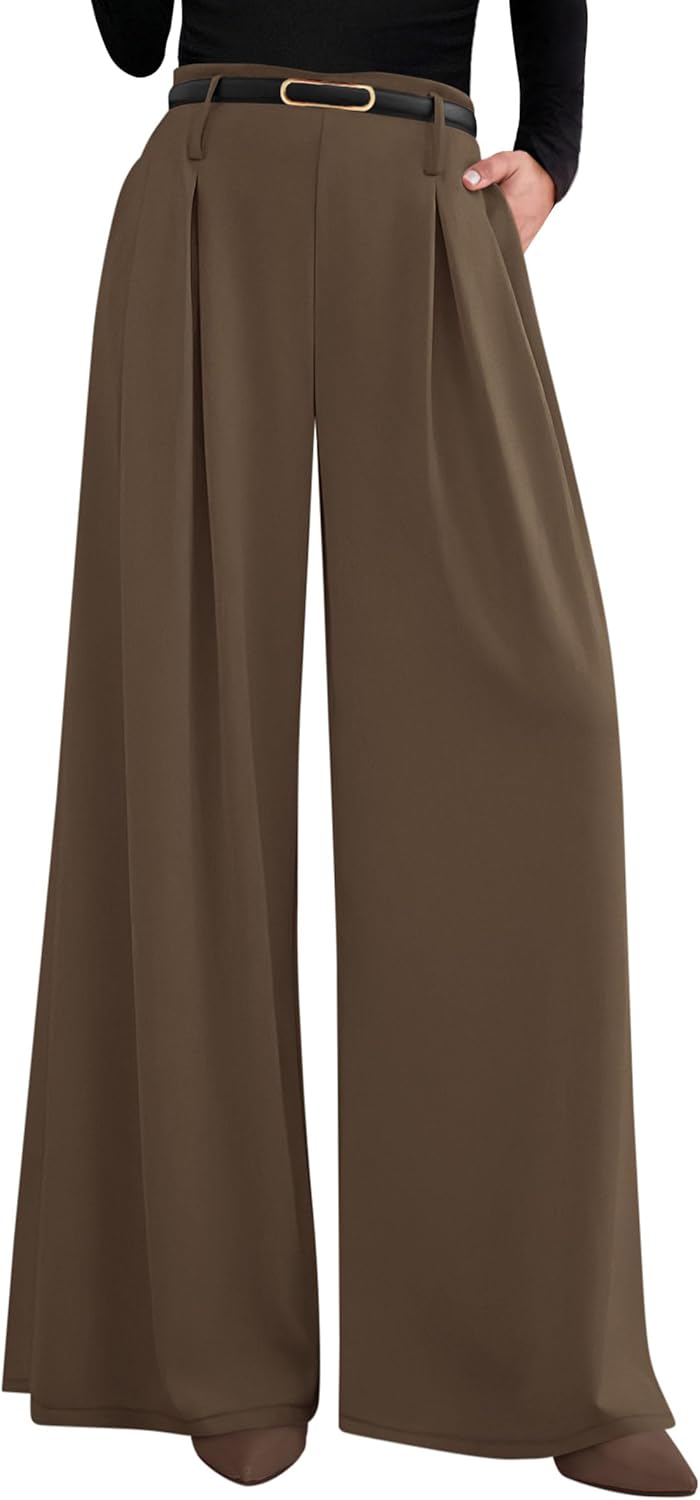 PRETTYGARDEN Womens Fall Wide Leg Trousers 2025 High Elastic Waist Loose Pleated Long Flowy Palazzo Work Pants with Pockets