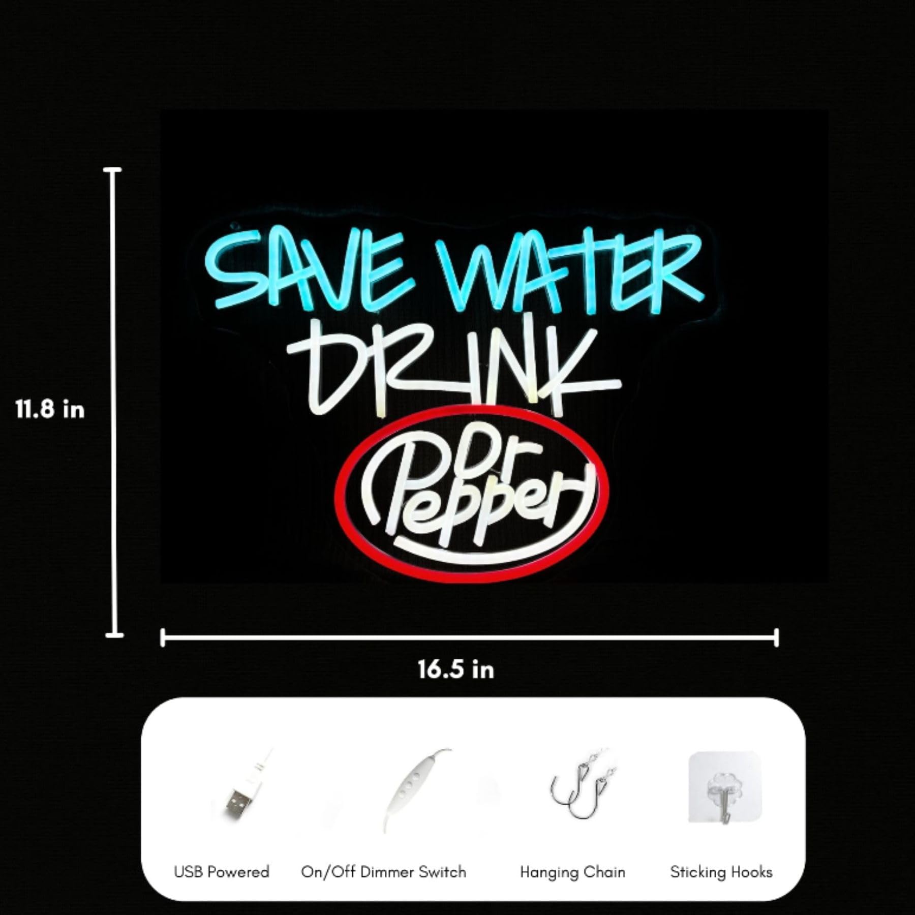 Insegna al neon retrò con scritta "Save Water Drink", luce al neon a tema Happy Soda, luminosità regolabile, blu ghiaccio/bianco/rosso, perfetta per decorazioni per feste, bar, decorazioni per la casa