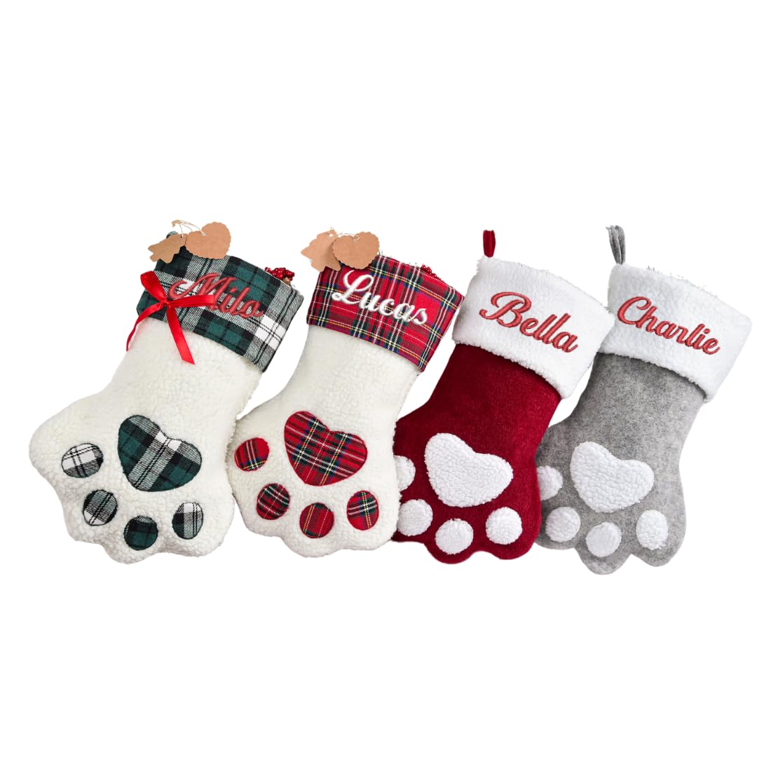 Personalised Christmas Stocking Large Pet Paw, Custom Embroidered Name Dog Cats Plaid Holiday Decor Home