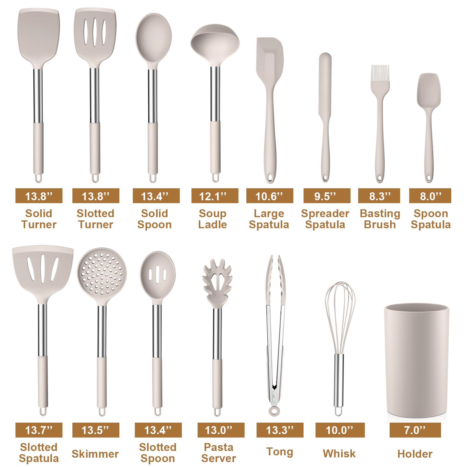 LIANYU Juego de 15 utensilios de cocina con soporte, herramientas de cocina de silicona con mango de acero inoxidable, dispositivos resistentes al calor, espátula, cuchara y batidor para utensilios de