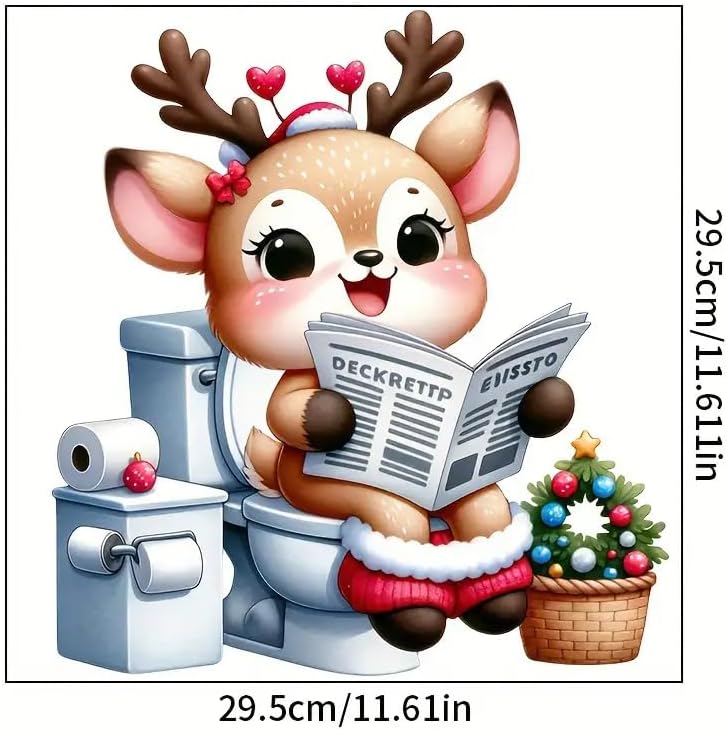 Merry Christmas Elk Book Toilet Cover Sticker Decals, Christmas Tree Fish Ocean Waterproof Toilet Lid Tank Seat Decals Cistern Self-Adhesive Bathroom Wall Sticker