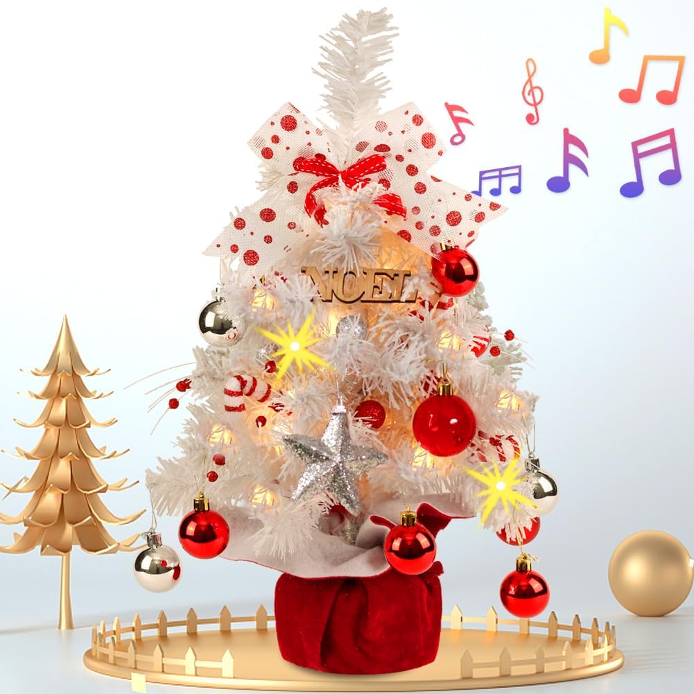 Mini White Christmas Tree, Tabletop Small Flocked Tree with Lights, Music & Ornaments - Indoor/Outdoor Red