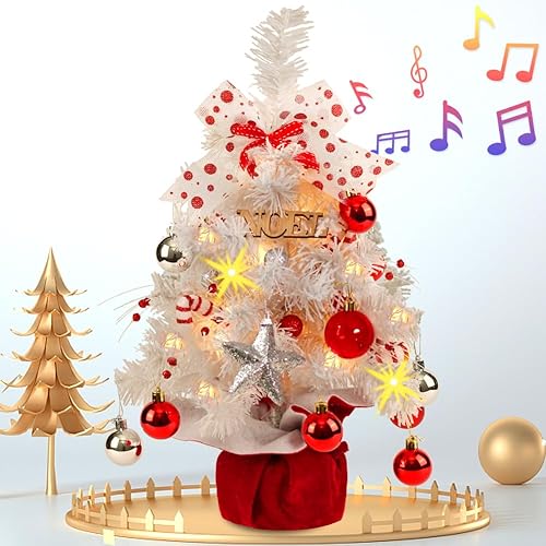 Miniatura 9 de Mini árbol de Navidad blanco, pequeño árbol de Navidad flocado con luces y música, árbol de Navidad artificial preiluminado, decoración de Navidad