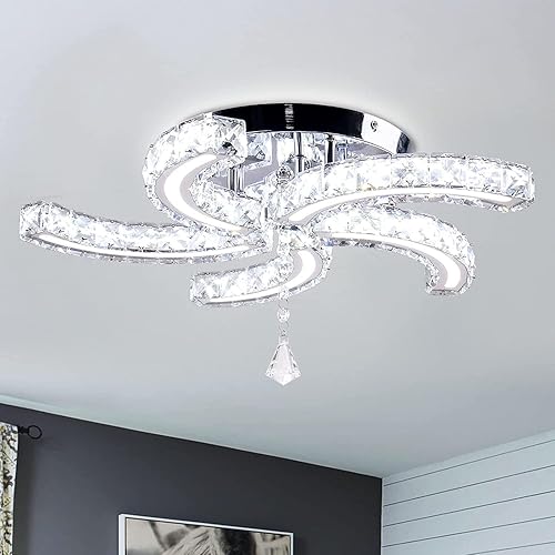 Miniatura 11 de Finktonglan Lámpara de Techo de Cristal de 16", Candelabros de Cristal Modernos con Control Remoto, Lámpara de Techo LED de 2 Anillos de Montaje al