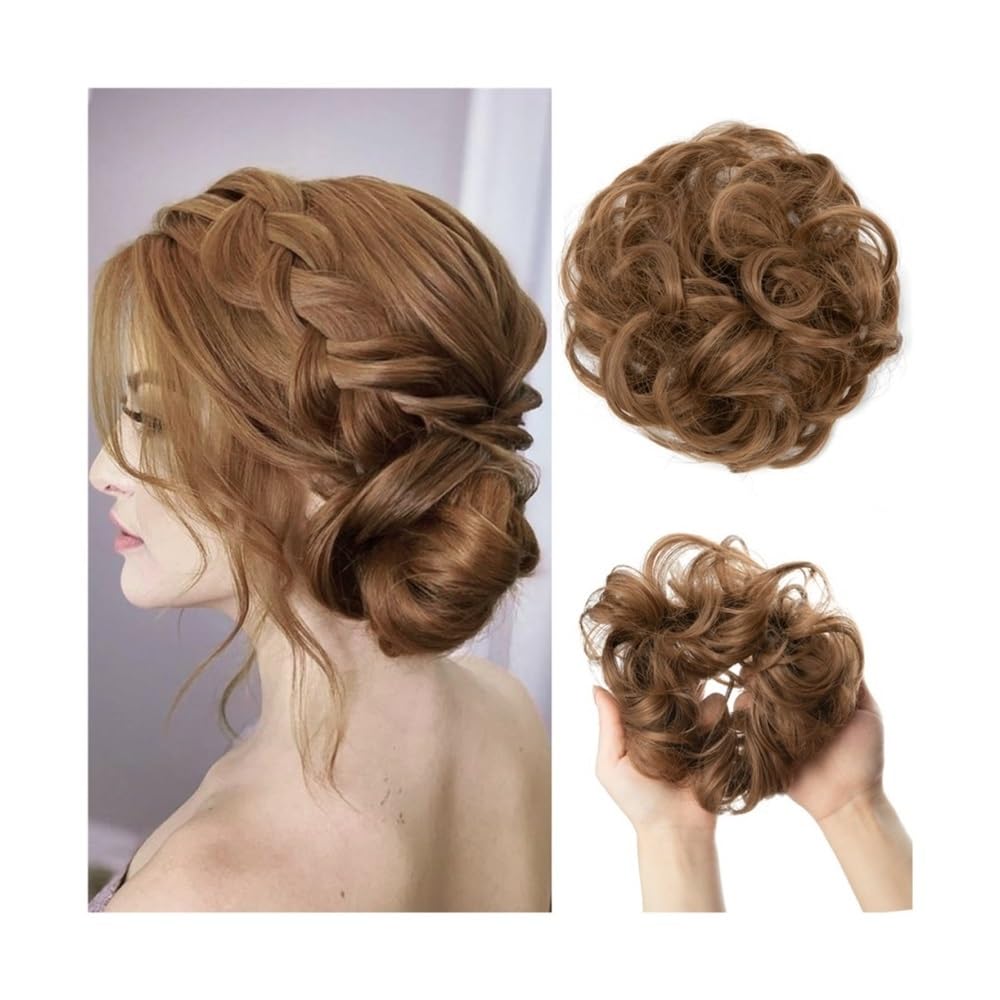 Fake hair Synthetic Hair Bun Extensions Messy Curly Elastic Hair Scrunchies Hairpieces Synthetic Chignon Donut Updo Hair Pieces for Women Hair buns hair piece(Golden Brown)