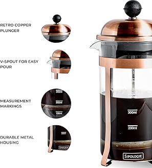 Sipologie Vintage French Press Coffee Maker 600ml, 4-Level Filtration System for Sediment-Free Coffee, Heat-Resistant Durable Borosilicate Glass, Measurement Marking, Copper