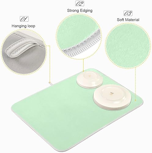 Miniatura 4 de Tapete de secado de platos verde menta para encimera de cocina, tapete de secado verde, ultra absorbente, reversible, de microfibra, protector de
