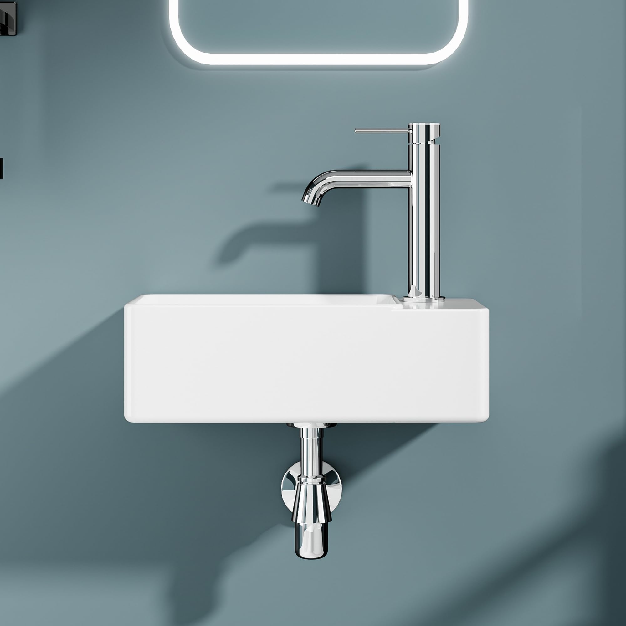 Lavapano rettangolare compatto in ceramica bianca – Lavabo da appoggio di piccole dimensioni, uscita destra – Lavabo design moderno per piccoli bagni e servizi igienici – 40 x 22 x 13 cm