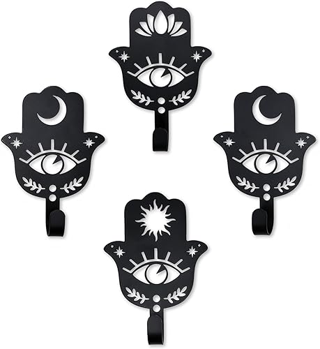 Ecqizer Juego de 4 llaveros de mano de Hamsa para pared, decoración de pared de metal Hamsa, decoración de pared contra el mal de ojo para pared,