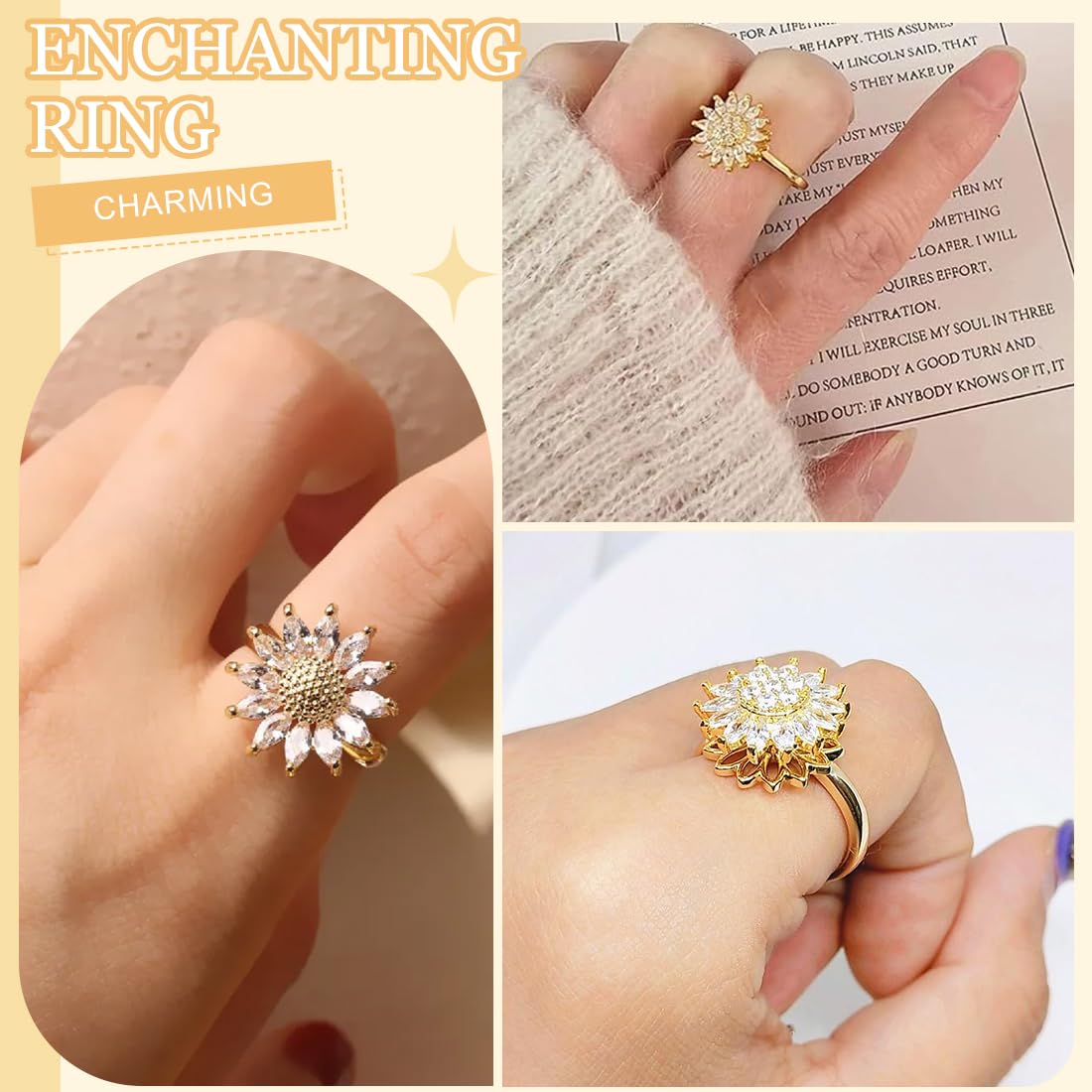 Bague Femme Dorée étoile Strass - Anneau Extensible, Taille Unique