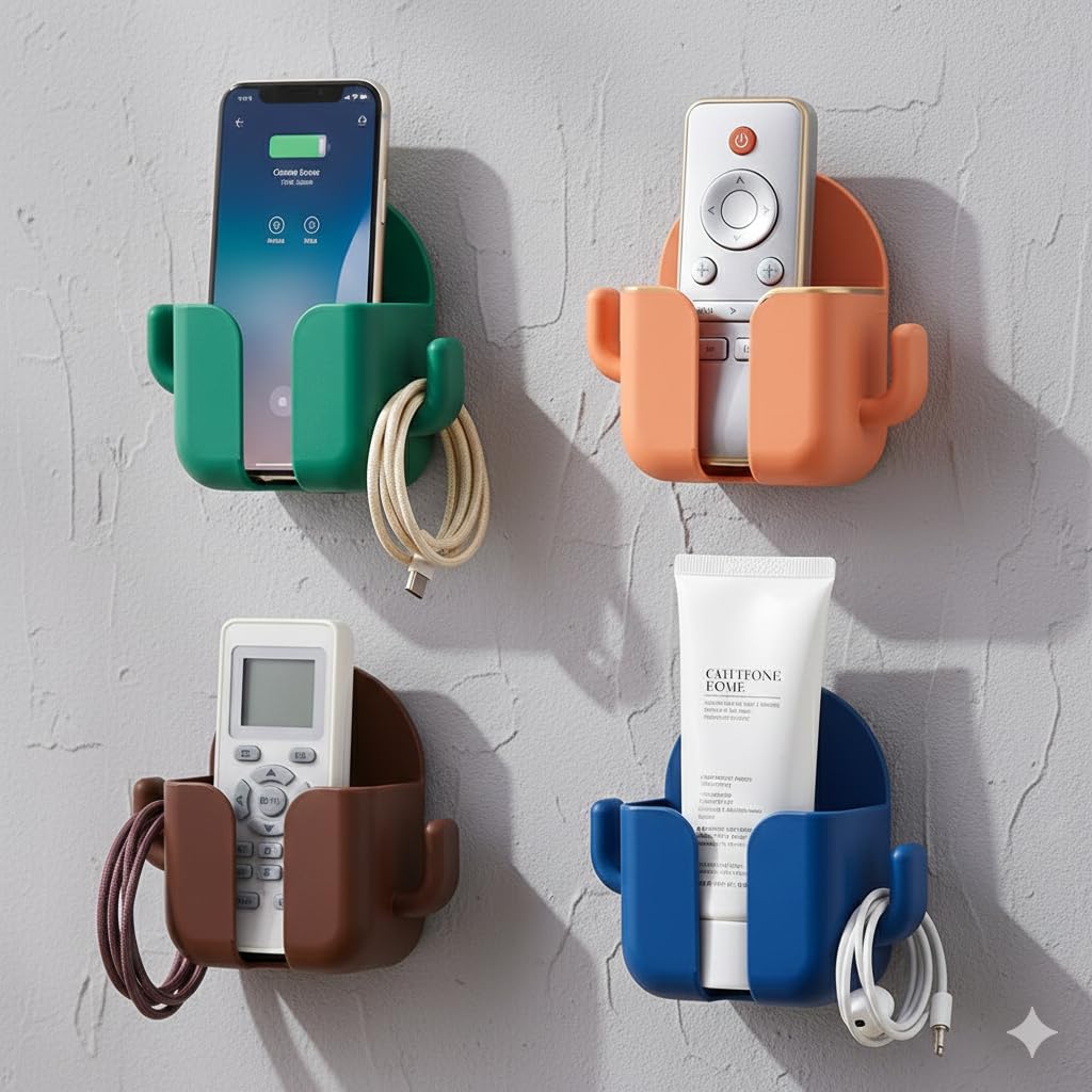 YBN 4pc Wall Mount Self-Adhesive Wall Storage Mobile Holder | Mobile Phone Charging Bracket | Multipurpose Organizer Wall Mount Holder for Remotes,Phone (Multicolour)-image-34