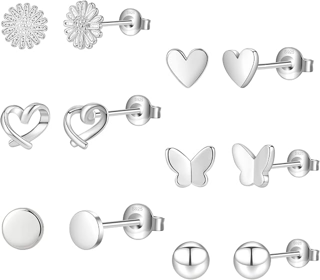 6Pairs Silver Studs Earrings for Women Sterling Silver Stud Earrings 6Pairs Silver Studs Earrings for Women Star Moon Ball Heart Studs Earrings Sets for Teens Girls Gifts with Boxs