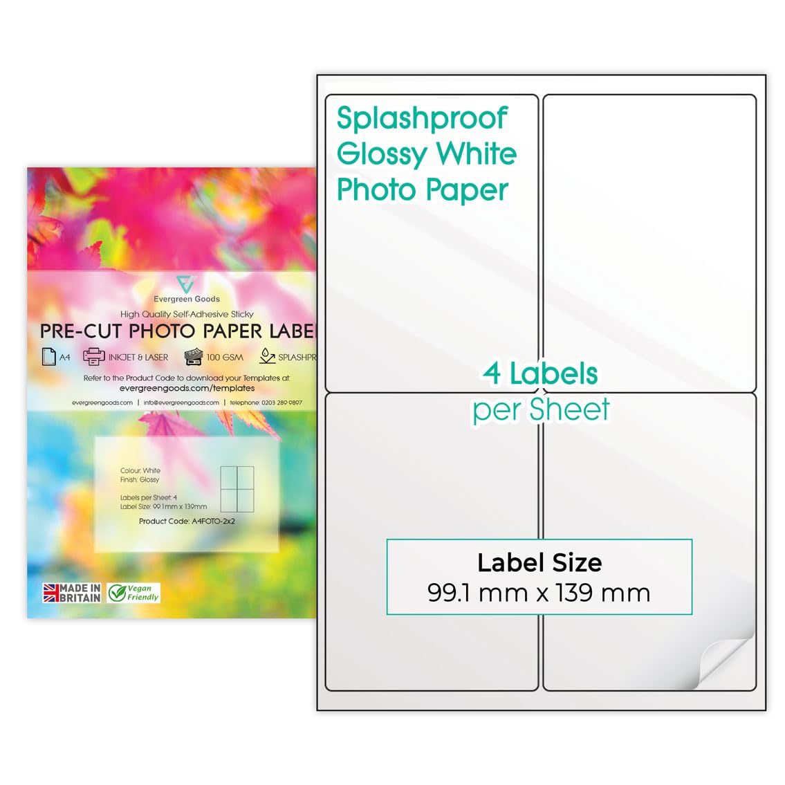Precut Labels Stickers A4 Sheet (2x2 (4 per Sheet), 50 Sheets) | Glossy White Photo Sticker Paper A4 Labels Splashproof | 9 Label Size Variations | Inkjet & Laser Printable