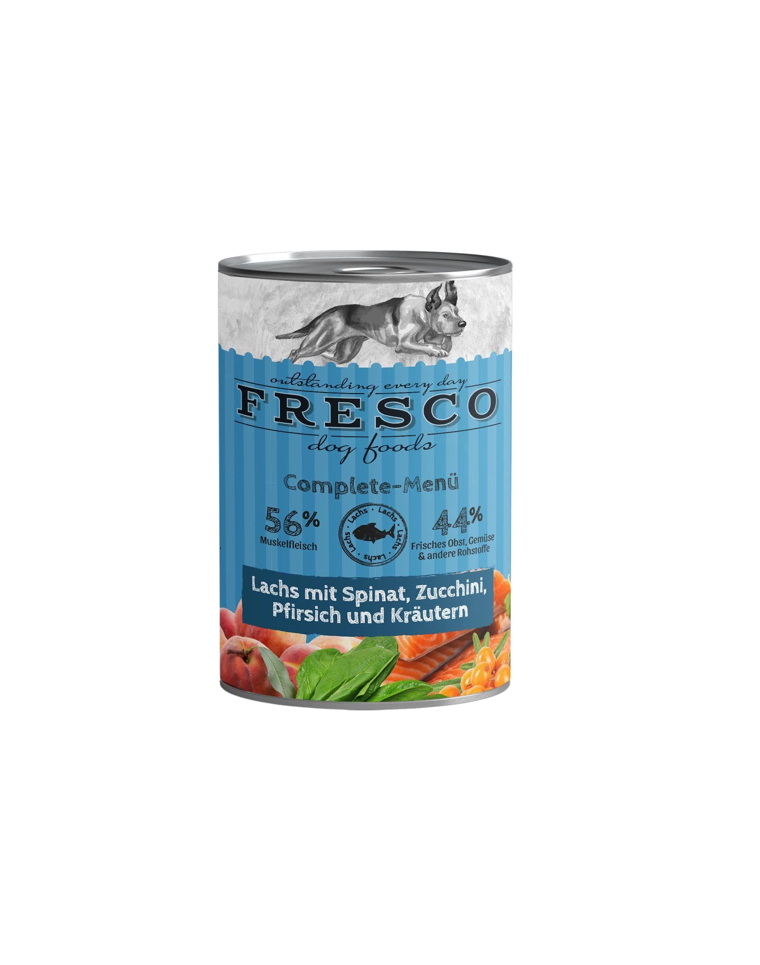 Fresco Complete-Menü Lachs mit Spinat, Sanddornbeeren und Kräutern | 12er Pack | 12 x 400 g | Nassbarf für Hunde | Mit Omega-3 | Grob zerkleinertes Naturprodukt