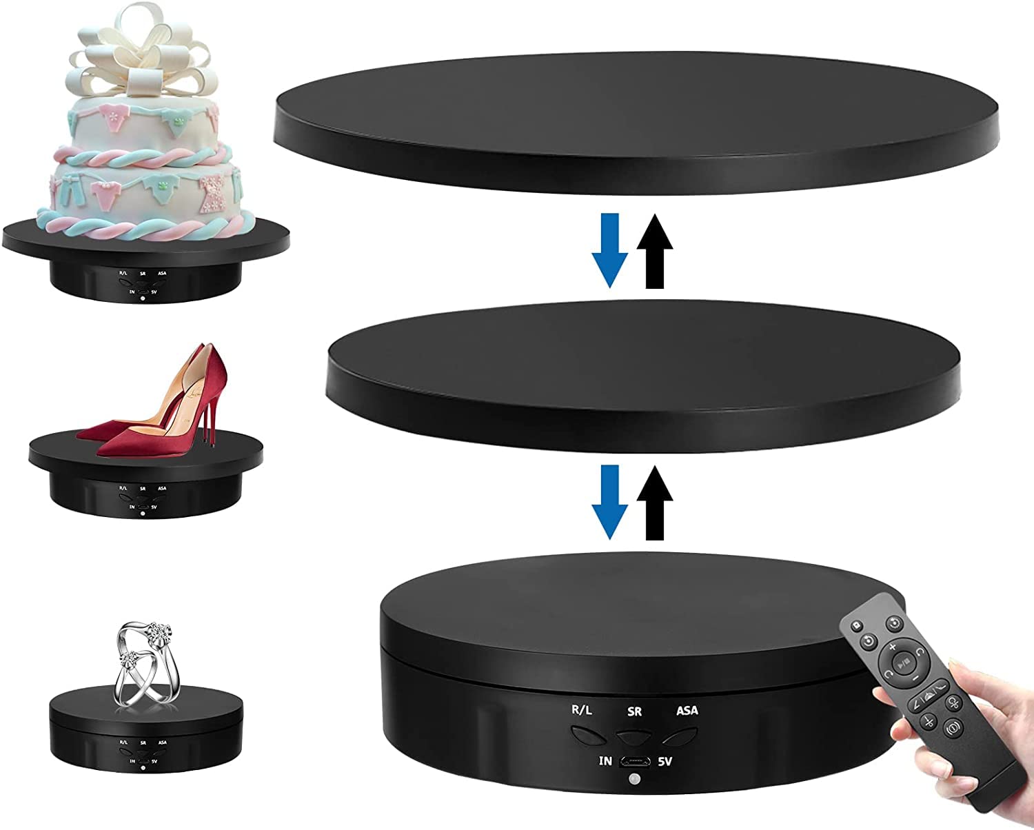 Plato giratorio eléctrico 3 en 1, giratorio 360 grados, soporte de exhibición con mando a distancia para fotografía, exhibición de productos, joyas, relojes, modelos 3D, coleccionables (negro)