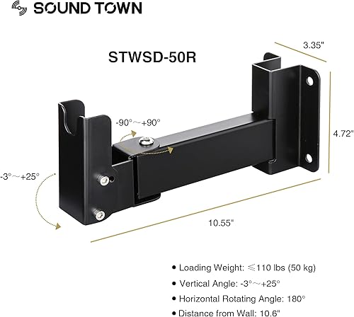 Miniatura 9 de Sound Town STWSD-048B - Juego de 2 soportes ajustables para altavoces de montaje en pared con soporte giratorio de 180 grados con adaptador de 1.378