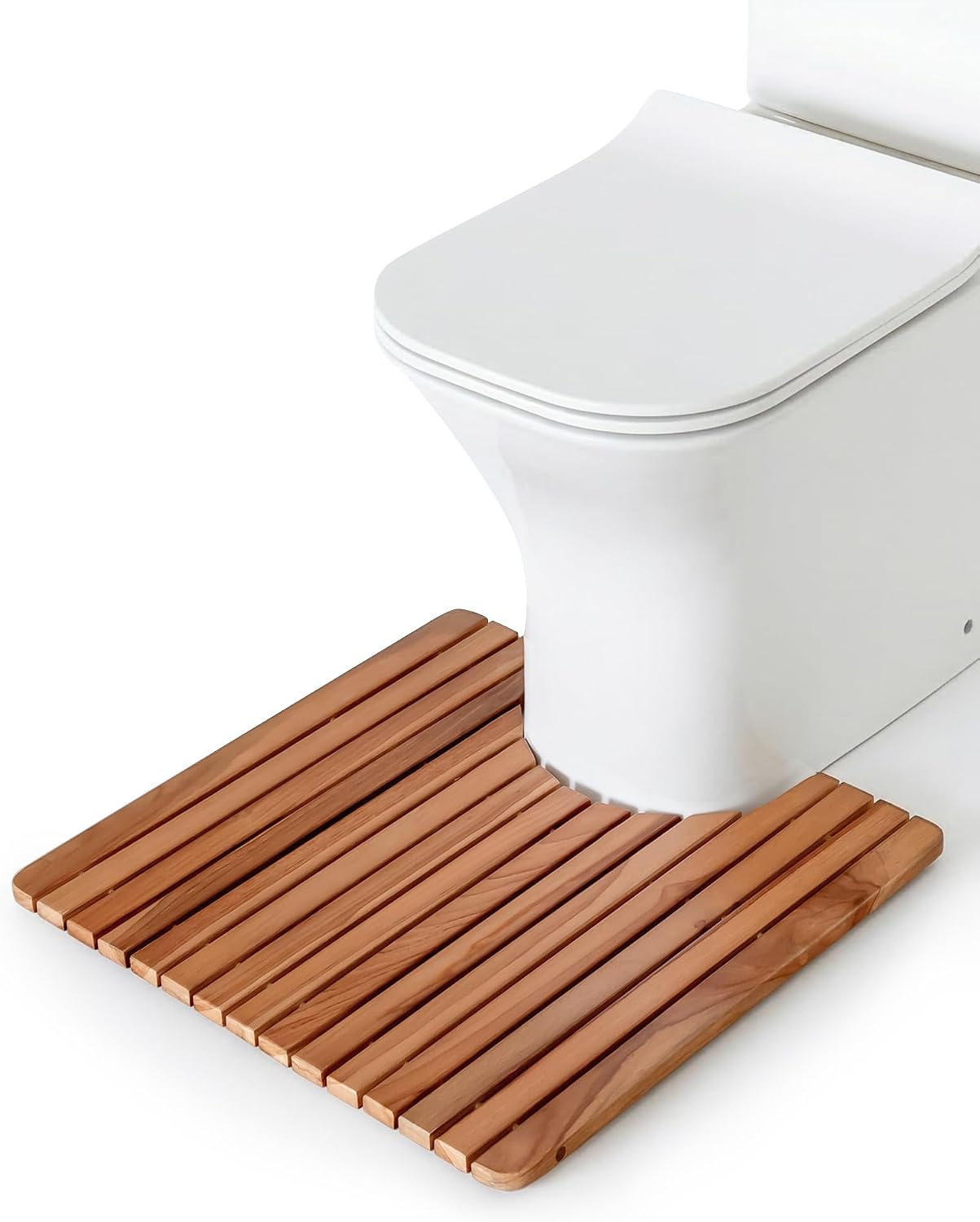 StrongTek Teak Wood Toilet Mat, U-Shaped Bathroom Floor Mat with Non-Slip Feet, Quick-Dry Slatted Bath Mat, 20 x 20 Inch, Fits Around Toilet