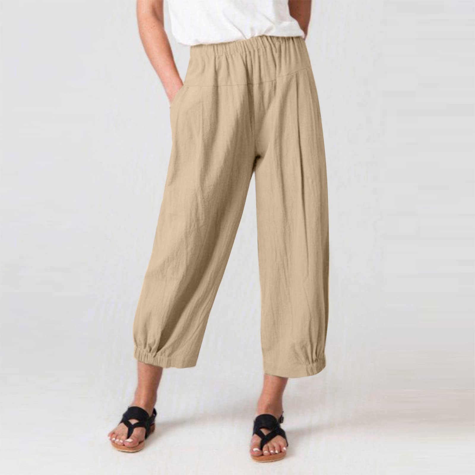 Capri Linen Pants Womens Wide Leg Yoga Pants with Pockets Cinch Bottom Athletic Workout Joggers Cropped Trousers Khaki
