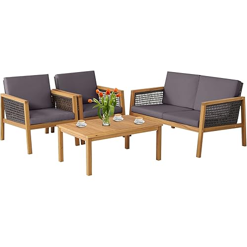 PATIOJOY 4 Pieces Outdoor Acacia Wood Furniture Set, Outdoor PE Wicker Conversation Set with Coffee Table and Soft Cushions, Outdoor Sofa Set for Garden, Poolside and Backyard (1, Grey)