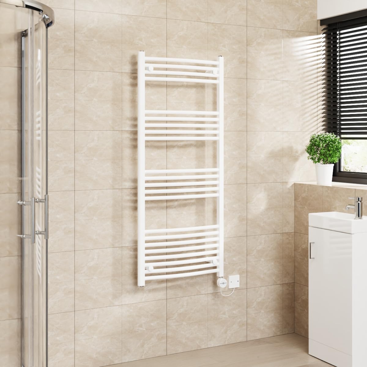 Warmehaus Touch Screen Electric Towel Rail Curved Timer White 1400x600mm — image 1