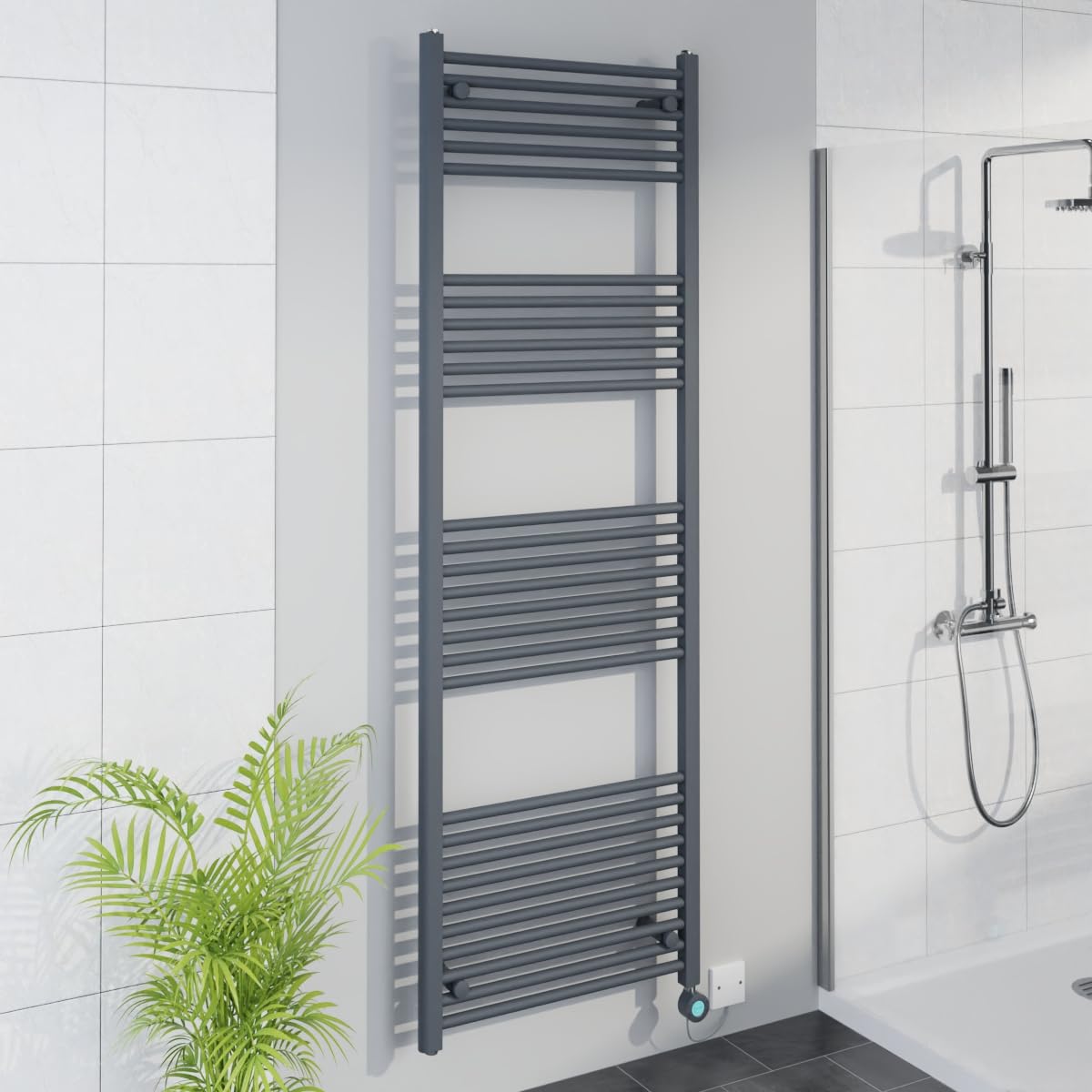 Warmehaus Anthracite Smart Wifi Thermostatic Electric Bathroom Straight Heated Towel Rail Warmer Radiator With Timer 1800X600mm