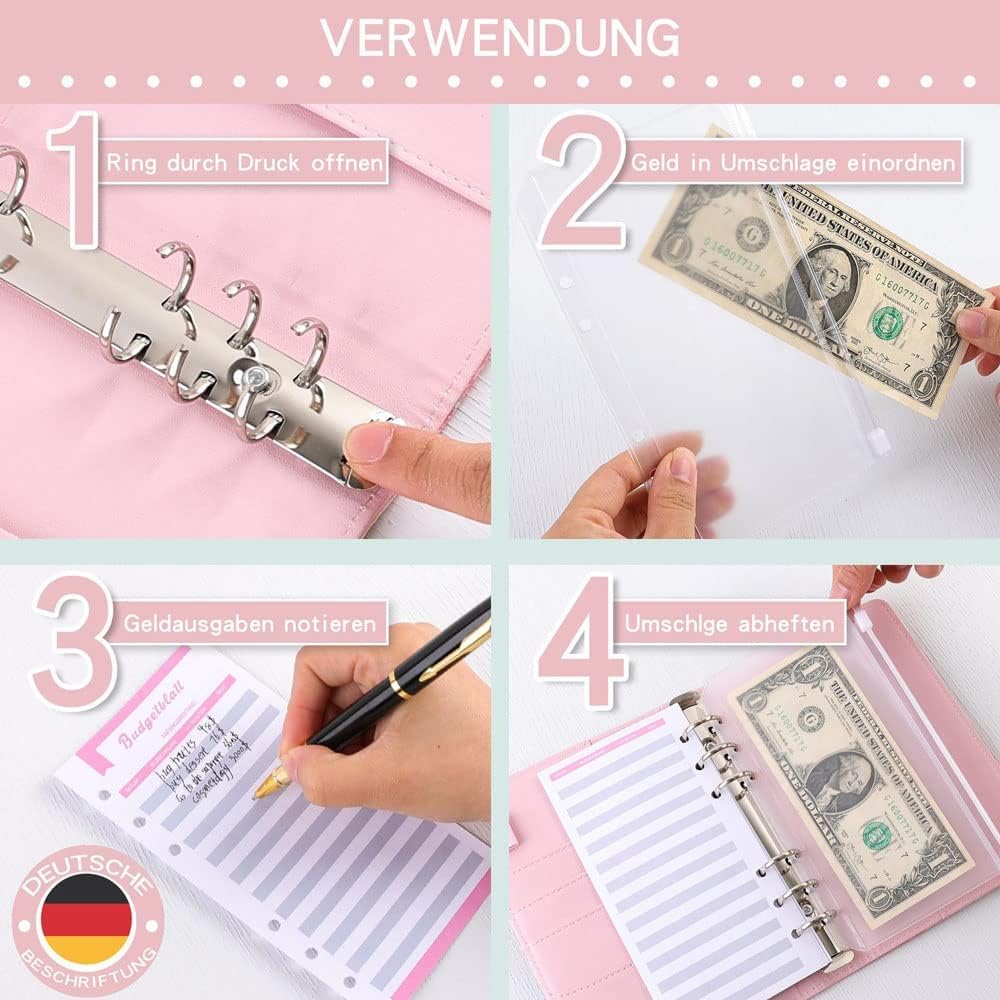 Budgetplanner, Duits, A6, PU-lederen budgetbinder, cash stuffing, geldorganizer, opbergmap, inclusief 12 budgetplanner, 12 heldere geldenveloppen, 14 maandelijkse planner, 60 zelfklevende notities