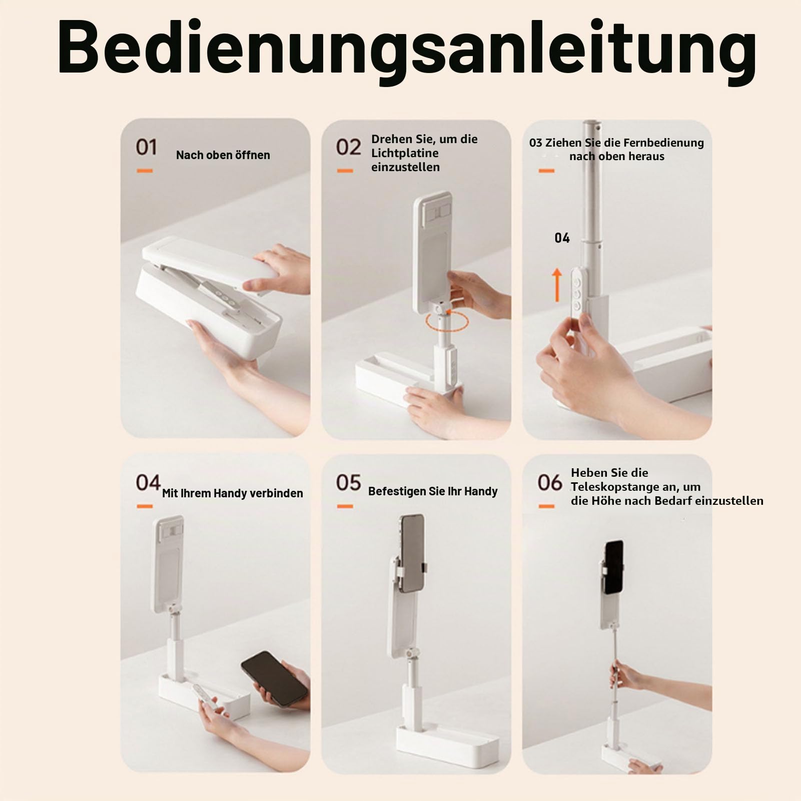 Ausziehbarer Selfie Ständer, mit LED Licht mit 5 Helligkeiten, um 360° Drehbarer, Wiederaufladbarer Telefonständer für Aufnahmen, Faltbare Überkopfhalterung für Live Streaming