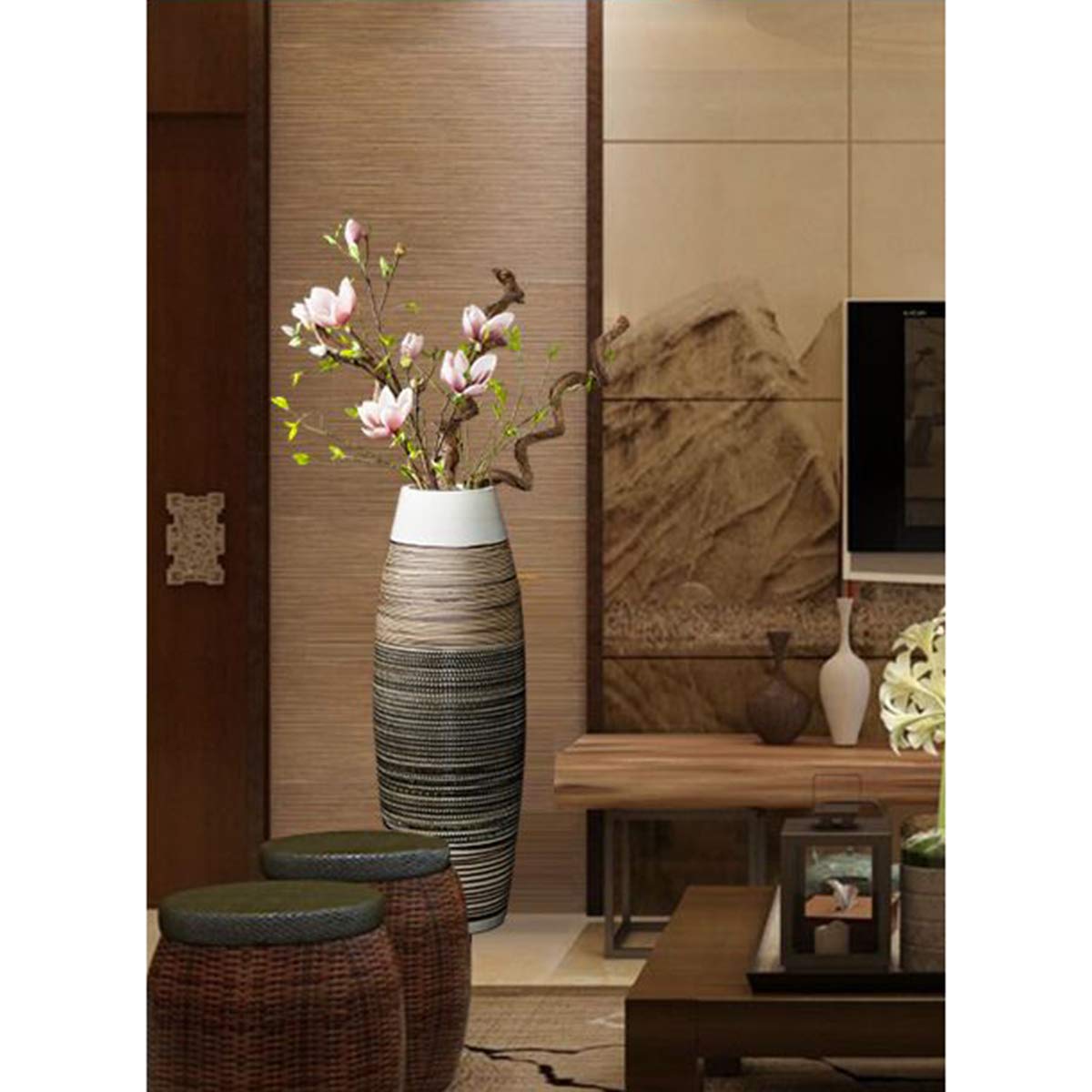 fanquare Vaso grande da appoggio in ceramica a righe marrone e nero, vaso da fiori fatto a mano decorativo per la casa, alto 50 cm