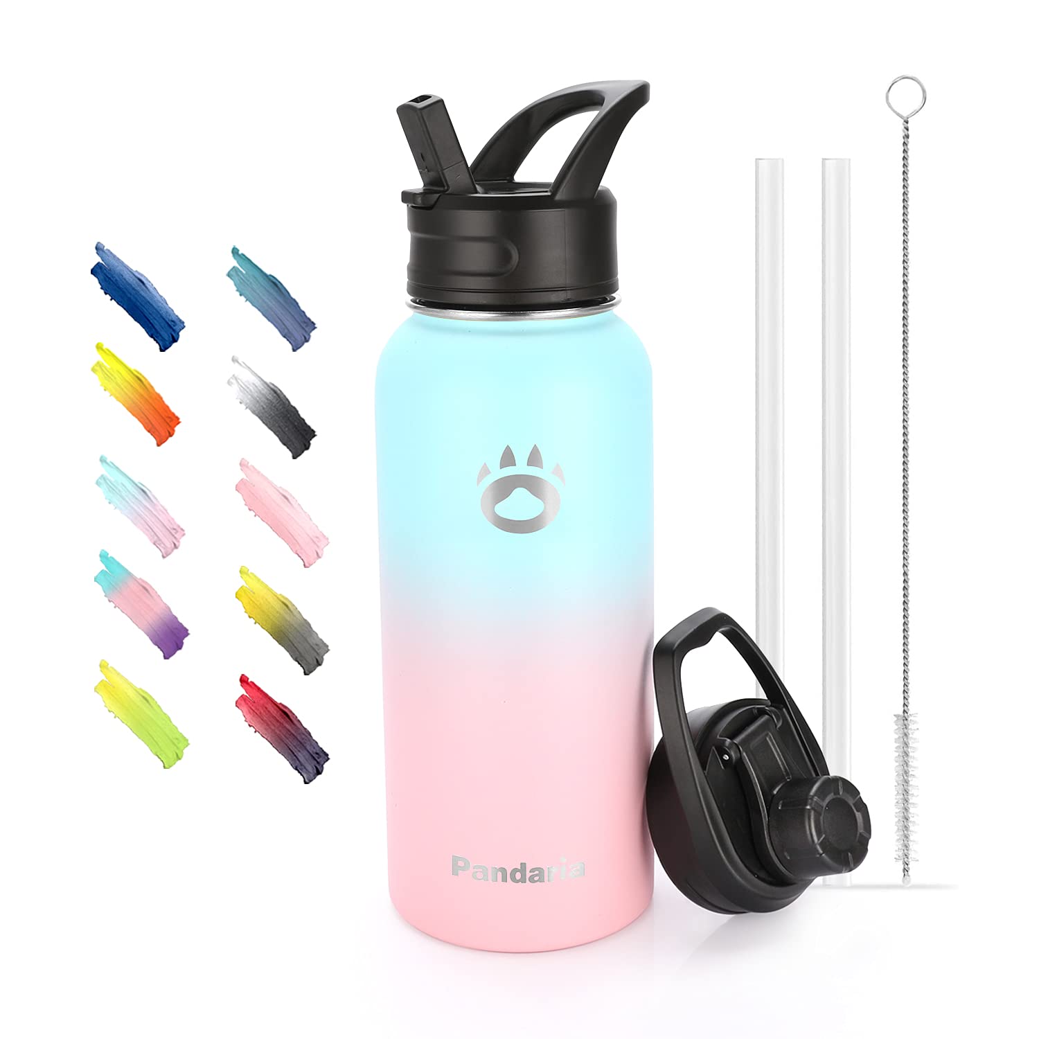 Pandaria 32oz Insulated Water Bottle Stainless Steel, Leak Proof Water Bottle with 2 Starws, 2 Lids and 1 Cleaning Brush (Bubble, 32 Ounces)
