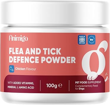 animigo Flea & Tick Powder for Dogs - Works from Within - Tasty Chicken Flavour - Added Vitamins, Minerals & Amino Acids - Alternative to Dog Flea Tablets, Shampoo & Spray - Easy to Mix in Food