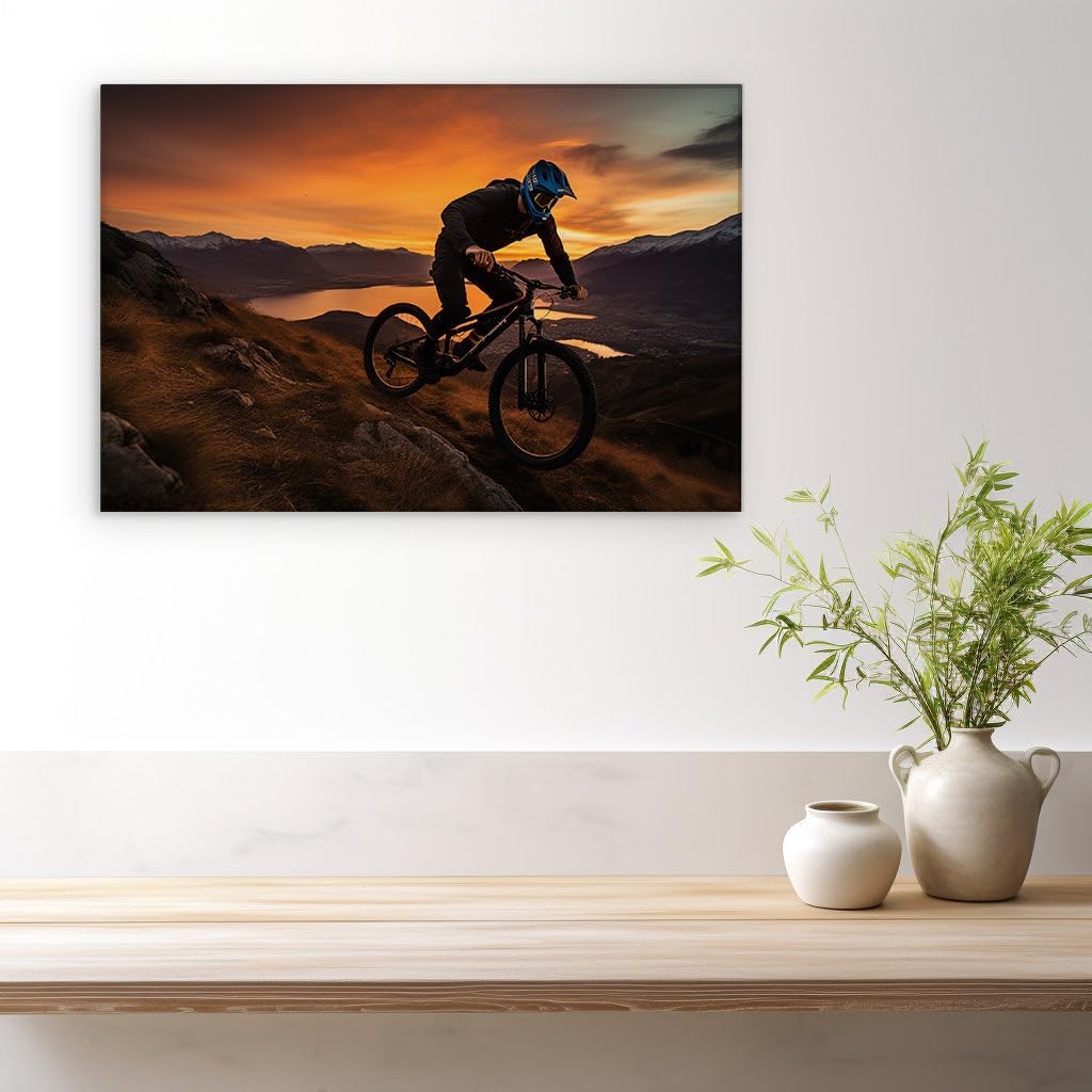 Canvas for Living room. Mountain Trail Maverick: Adventure Awaits Amidst Sunset Skies and Serene Lakes, 27 x 18 inch Canvas Wall Art - Modern Home Decor