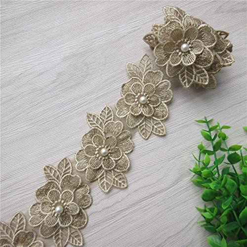 2 Yards 3D Flower Lace Trim Pearl Embroidered Polyester Lace Ribbon Fabric Applique Patchwork For Wedding Dress Handmade Diy Sewing Craft Supplies Decoration (Gold) #TOP4