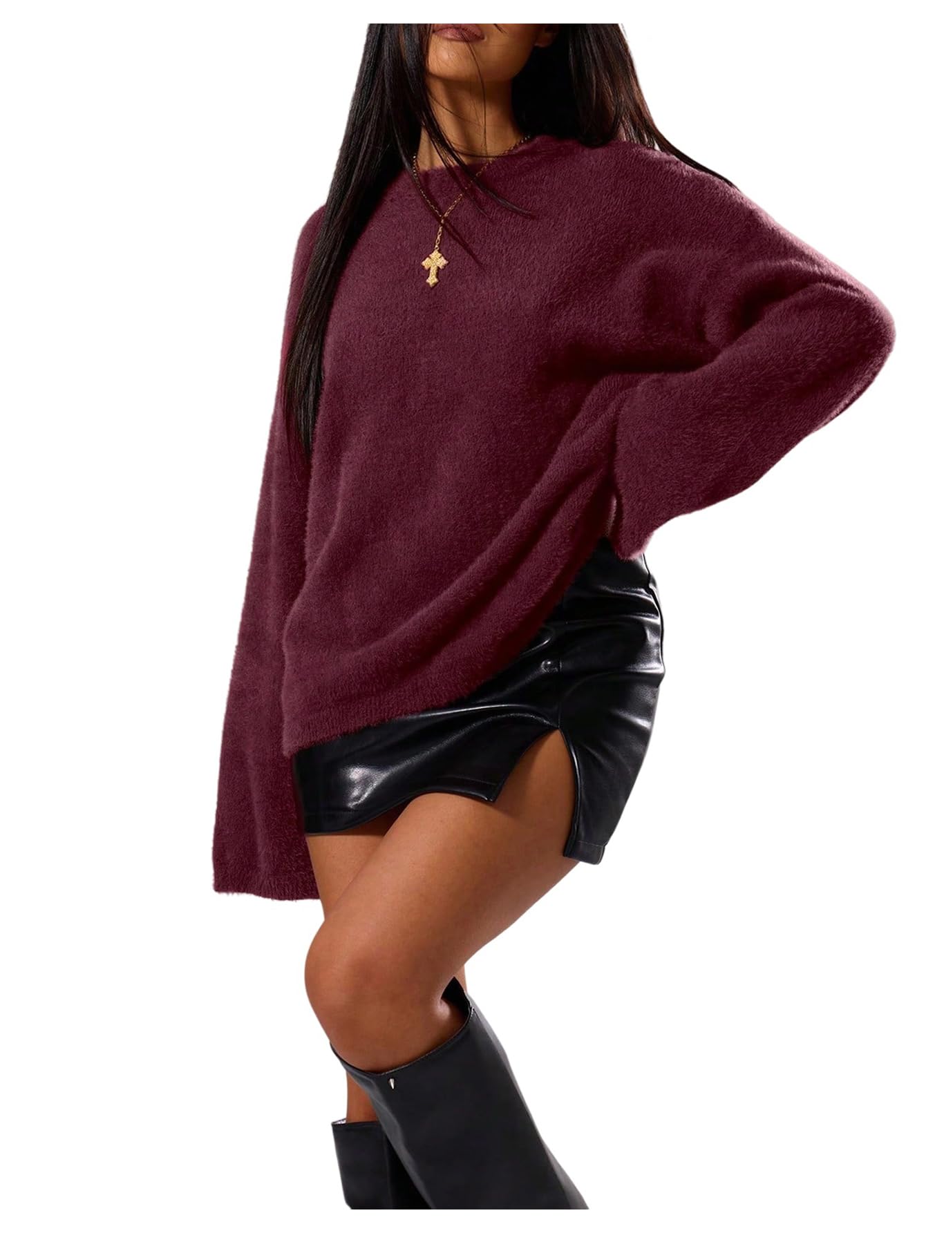 Womens Oversized Sweaters Crew Neck Long Sleeve Jumper Fuzzy Knit Pullover Tops
