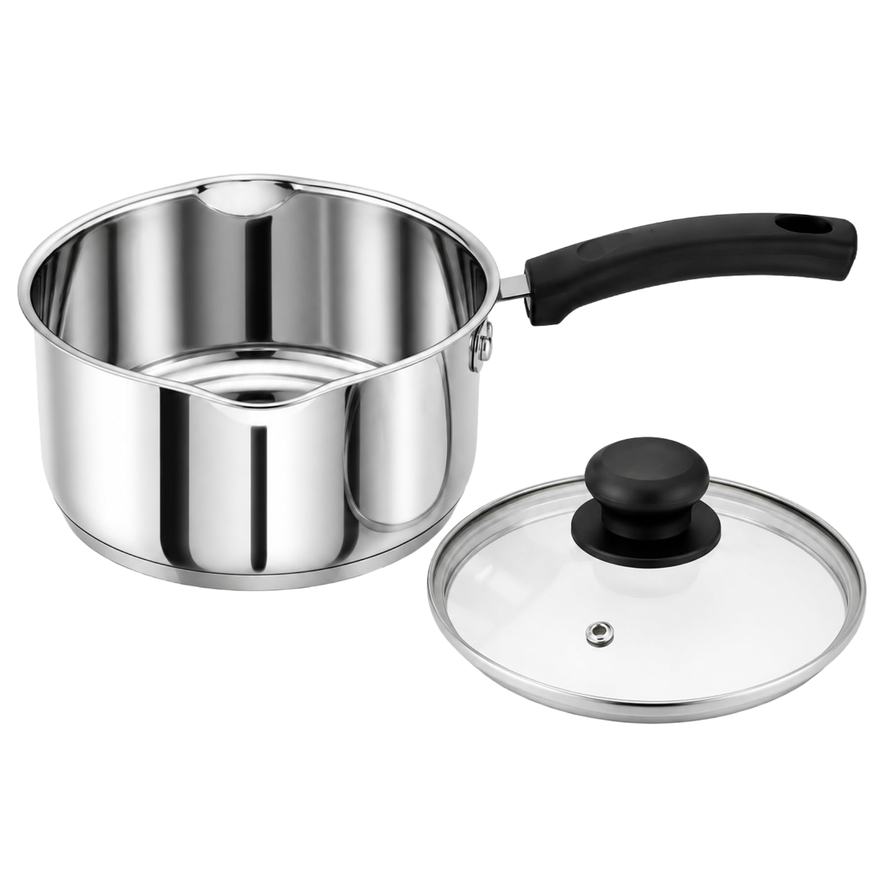 Penguin Home Silver Saucepan 20Cm, 2.5 Litre Stainless Steel Sauce Pot With Glass Lid & Phenolic Handle/Induction Safe Milkpot With Double Pouring Lips/Dishwasher Safe