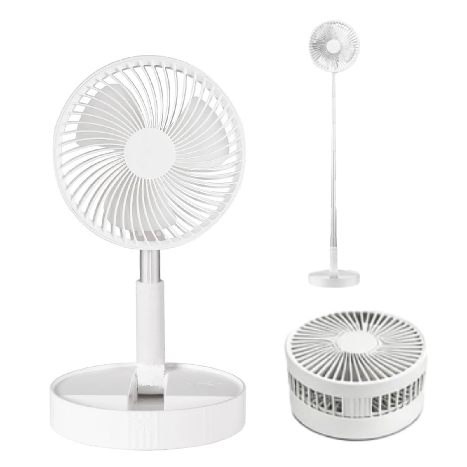 Ventilatore portatile 3 in 1, ricaricabile 7200 mAh, da terra/piedistallo/pieghevole, silenzioso, regolabile, batteria lunga durata, da viaggio e ufficio (Bianco)