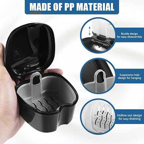Miniatura 39 de Paquete de 2 cajas de baño para dentaduras postizas, contenedor de almacenamiento con cesta coladora para limpieza de viajes (azul claro y azul)
