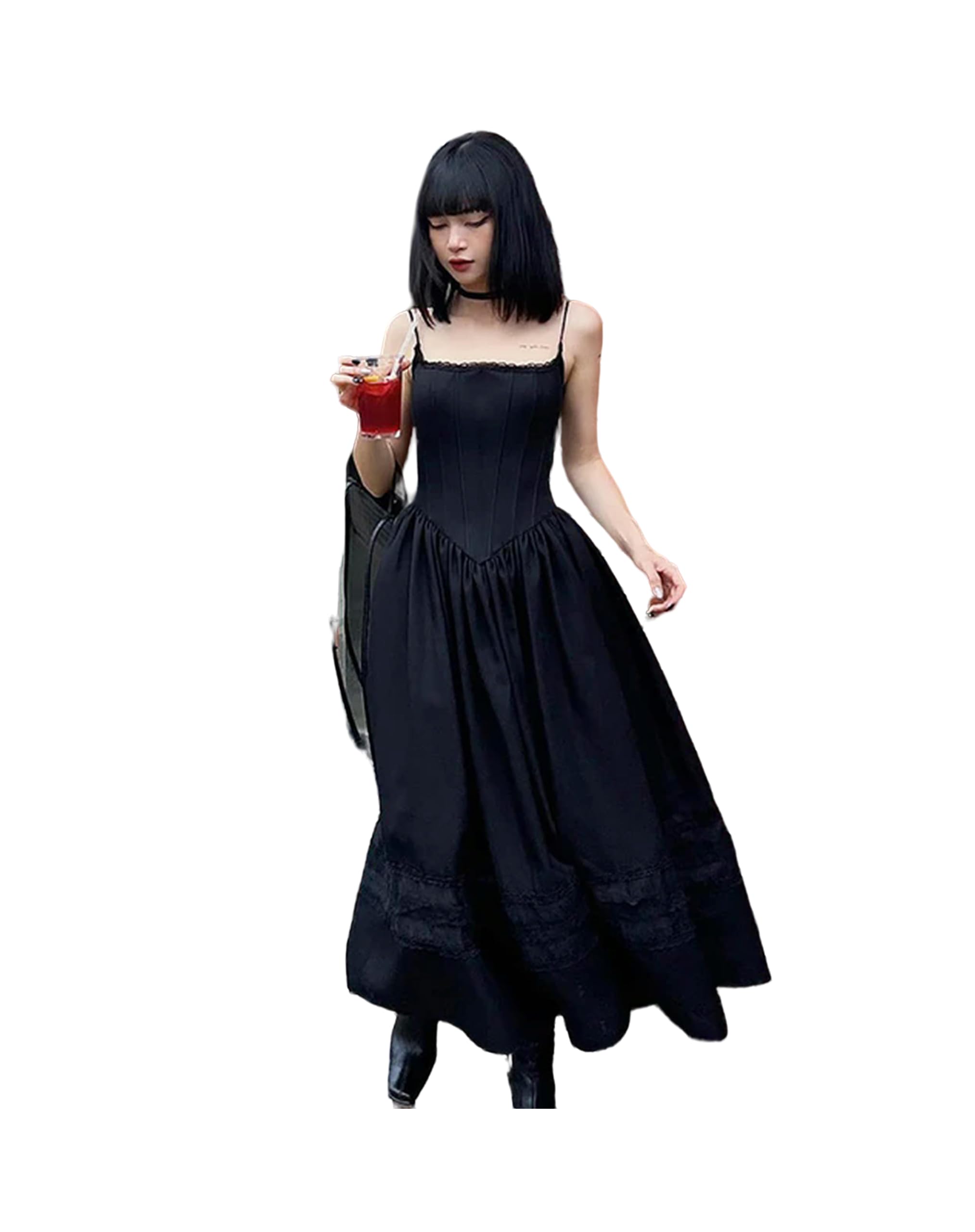 FRESQA Goth Dark Elegant Lolita Mall Gothic Bodycon Long Dresses Grunge Style Lace Up Women Black Dress Alt Sexy Sling Partywear