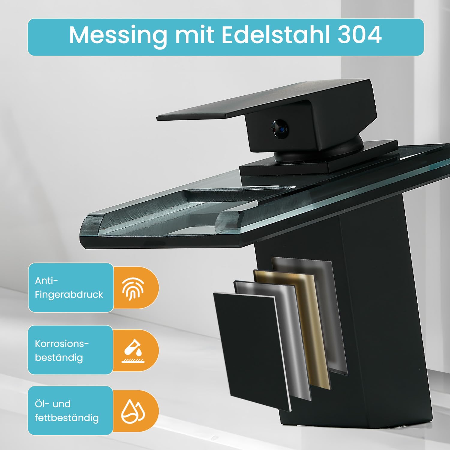 Wasserhahn Bad,Wasserfall Armatur Badezimmer Glas,Schwarz | Einhebel-Mischbatterie,Edelstahl Waschbeckenarmatur