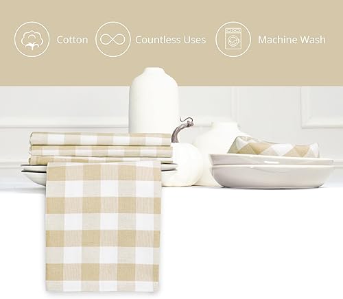 Miniatura 3 de PurpleEssences Servilletas de tela a cuadros de búfalo  Esquinas en inglete  Juego de 12  100% algodón  Reutilizables y lavables  Beige y Blanco