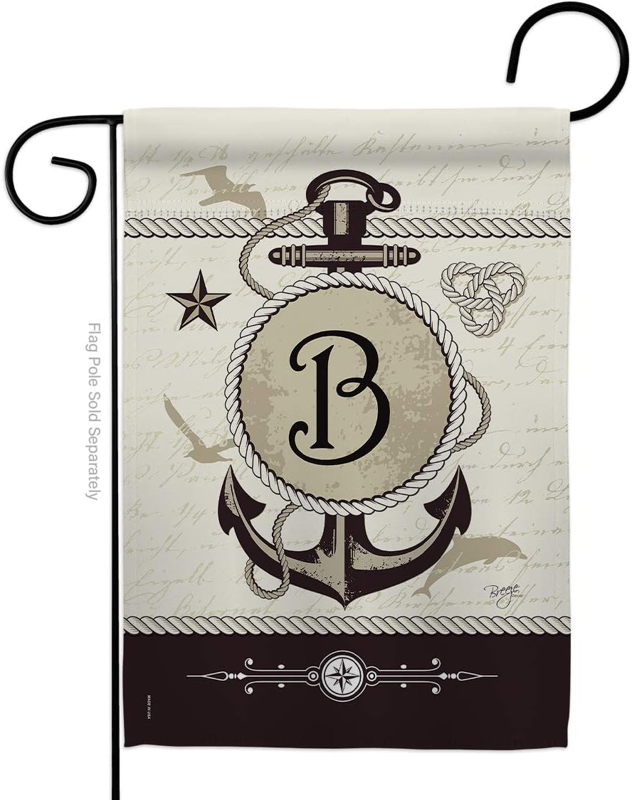Nautical B Initial Garden Flag Set Wall Holder Monogram Coastal Anchor Sailor Sea Shells Outdoor Summer Ocean Small Decorative Gift Yard House Banner Made In USA 13 X 18.5