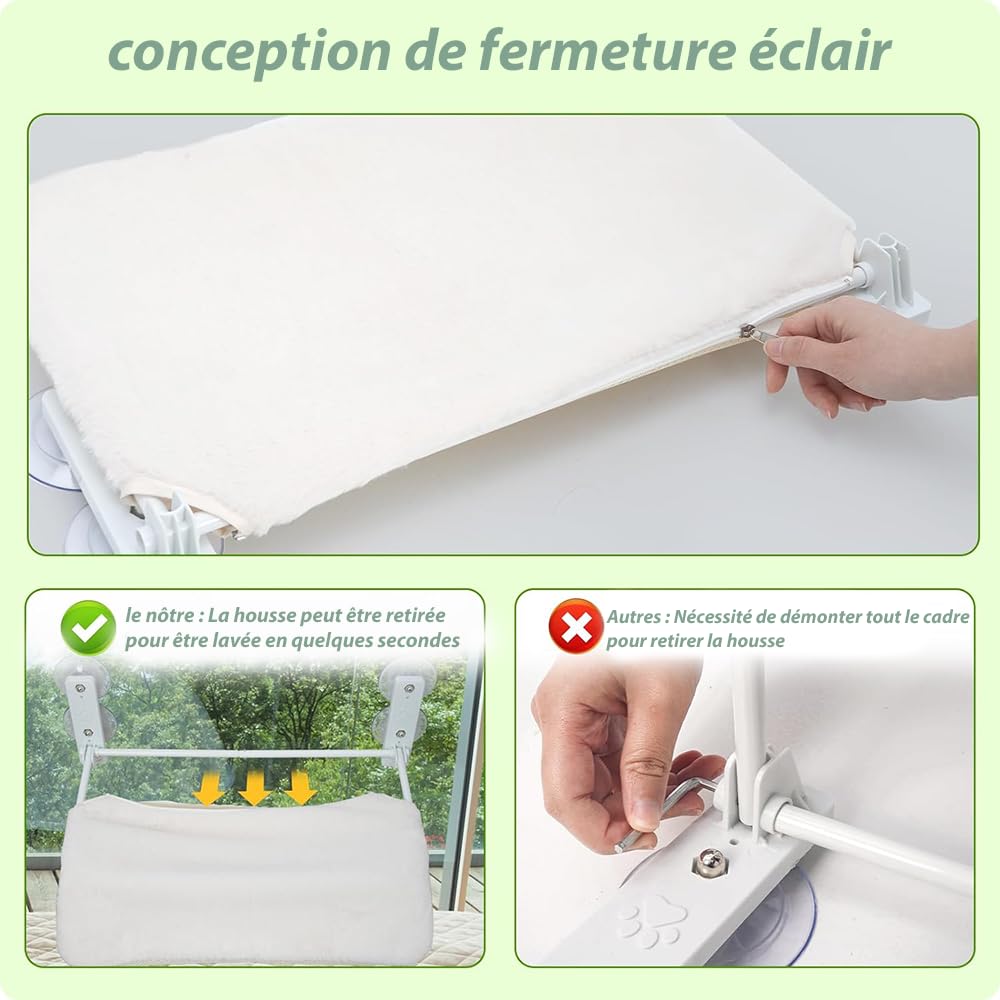 Hamac Chat Fenetre Pliable | Lit pour Chat avec Ventouses Renforcées | Tapis Réversible et Lavable Jusqu'à 18kg | Offert 3 Jouets + 2 ventouses de rechanges (Gris fenetre)